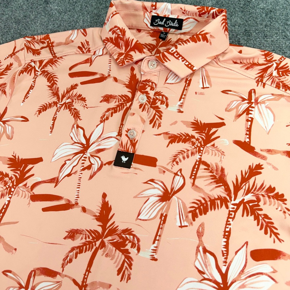 Bad Birdie Polo Shirt Mens Medium Peach Palm Tree Golf Performance Stretch